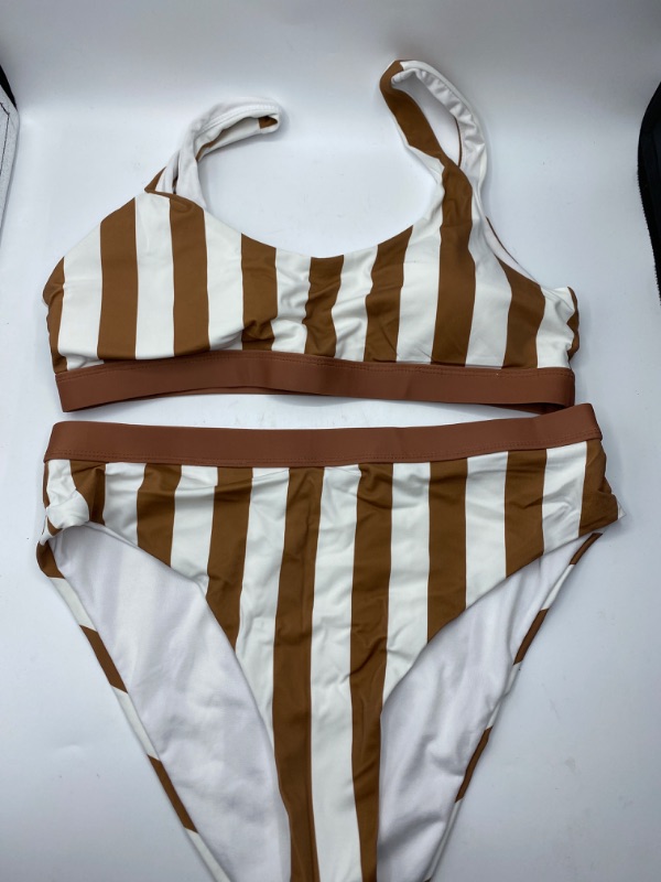 Photo 1 of Aleumdr Womens Brown Cheeky Bikini Set Crop Top Striped Print High Waisted Two Piece Swimsuits  L NEW 
