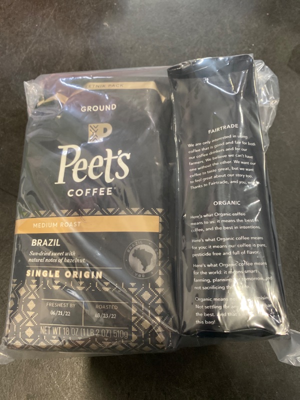 Photo 4 of Peet's Coffee Single Origin Brazil, Medium Roast Ground Coffee, 18 oz Bag,Kicking Horse Coffee, Decaf, Swiss Water Process, Dark Roast, Whole Bean, 10 Oz  NEW