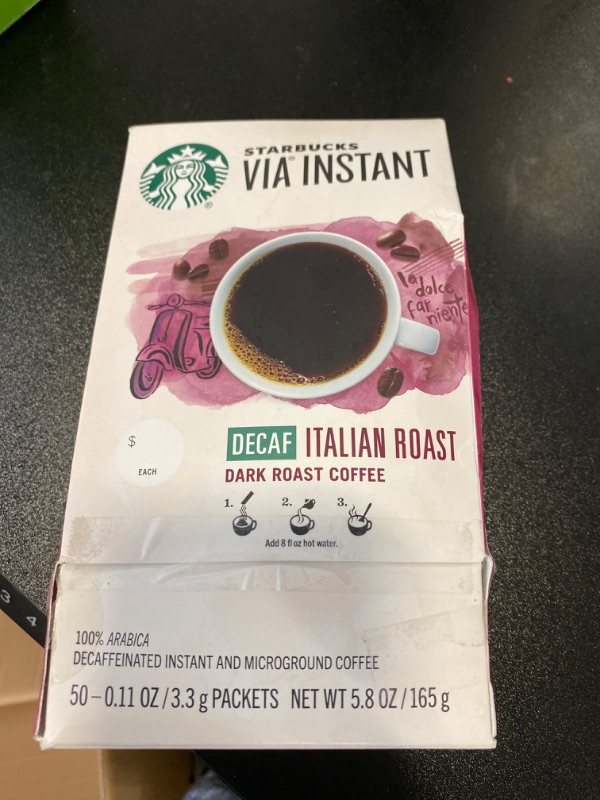 Photo 3 of Starbucks VIA Instant Coffee—Dark Roast Coffee—Decaf Italian Roast—100% Arabica—1 box (50 packets) Decaf Italian 50 Count (Pack of 1) NEW 