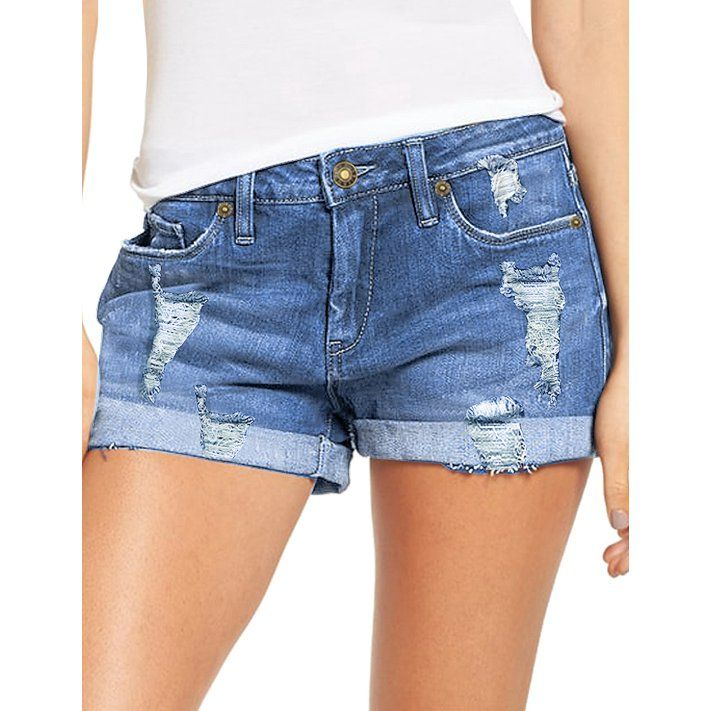 Photo 1 of Women's Fold Ripped Denim Shorts Rolled Hem Distressed Jean Short Mid Rise Summer Casual Hole Stretch Hot Short Pant (PETITE XS) NEW 