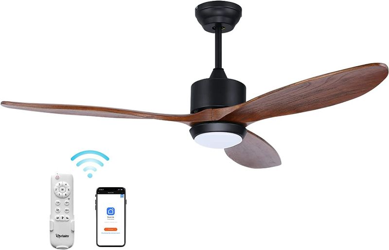 Photo 1 of Ovlaim 60 Inch Indoor Outdoor Ceiling Fan, Quiet DC Motor High CFM Large Walnut Wood Ceiling Fans with Lights Remote Control, 3 Blade Propeller Smart Ceiling Fan for Living Room & Outside Patio 3 Blades 60'' Walnut Wood NEW 