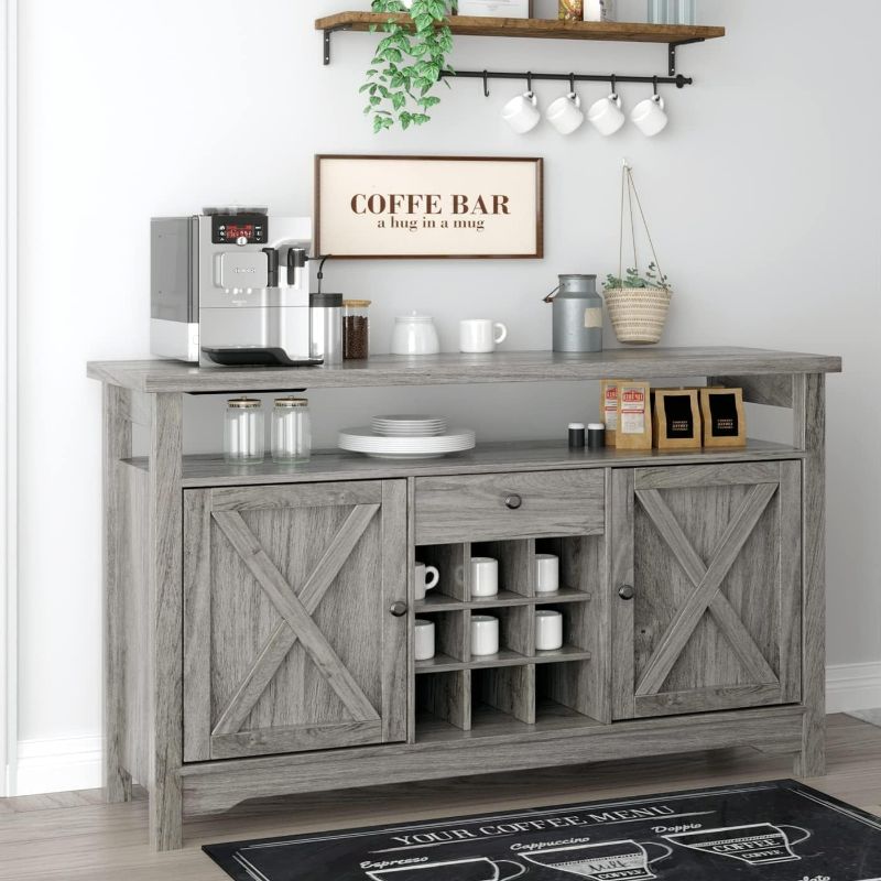 Photo 1 of Farmhouse Coffee Bar Cabinet, 47" Kitchen Buffet Storage Cabinet with 9 Wine Racks, Sideboard Buffet Cabinet with 2 Barn Doors and Drawer, Wine Bar Cabinet for Dining Room, Living Room, Rustic Gray