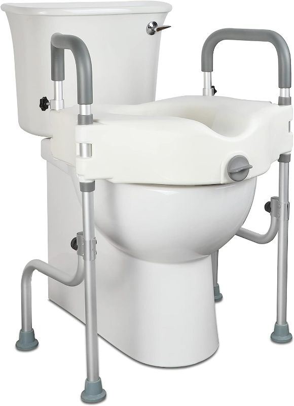 Photo 1 of Raised Toilet Seat, Elevated Toilet Riser with Height Adjustable Legs, Padded with Armrests, Elevator 5 Inches, Support 300 lbs, Tool Free Installation, Safety Frames for Elderly, Handicap, Disabled