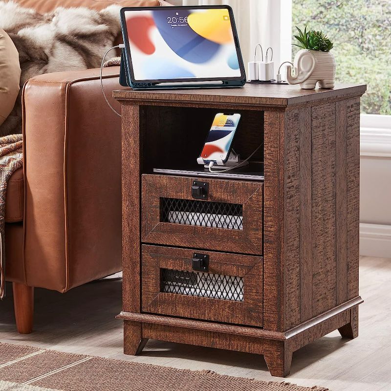 Photo 1 of Nightstand with Charging Station,OKD 18'' Industrial & Farmhouse End Table with 2 Drawers &Open Cubby, Rustic Mesh Drawer Sofa Side Table w/Storage for Bedroom, Living Room, Office, Reclaimed Barnwood NEW 
