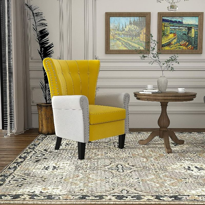Photo 1 of Modern Velvet Single Sofa,Vanity Decor Wingback Armchair Curved Tufted Club Adult Sofa with Wood Legs for Living Room, Bedroom, Office,Yellow+Grey NEW 
