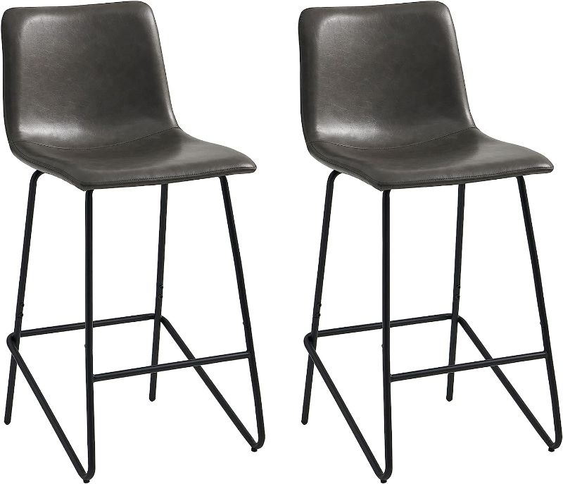 Photo 1 of Watson & Whitely Bar Stools, Faux Leather Upholstered Bar Stool with Back, Metal Legs in Matte Black, 26" H Seat Height, Set of 2, Grey 