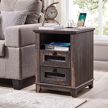 Photo 1 of OKD Nightstand with Charging Station, 18'' Industrial & Farmhouse End Table with 2 Drawers & Open Cubby, Rustic Mesh Drawer Sofa Side Table w/Storage for Bedroom, Living Room, Office, Dark Rustic Oak NEW 
