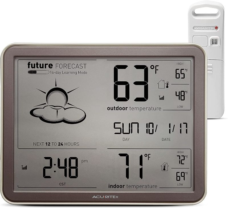 Photo 1 of AcuRite 75077A3M Self-Learning Forecast Wireless Weather Station with Large Display and Atomic Clock, Black
