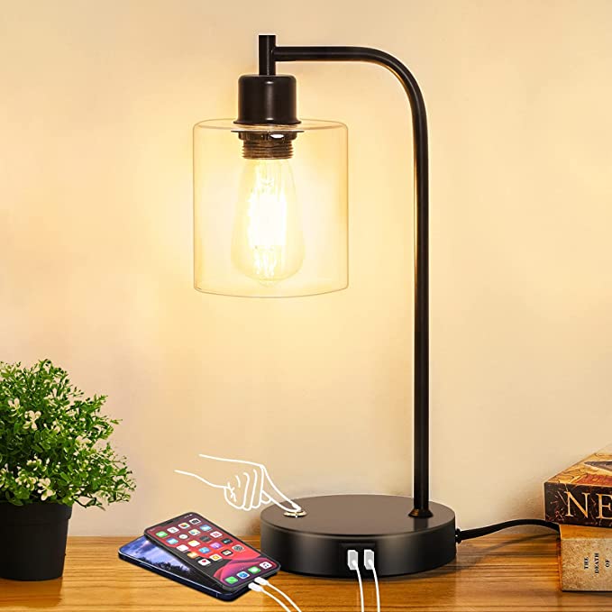 Photo 1 of 3-Way Dimmable Industrial Table Lamp, Touch Control Desk Lamp with USB Ports, Glass Shade and Metal Base, Minimalist Style, Rustic Farmhouse Desk Lamp for Bedroom, LED Edison Bulb Included