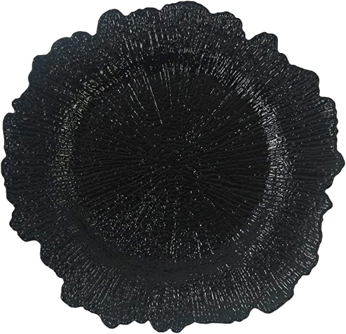 Photo 1 of Black Plastic Reef Charger Plates - 12 pcs 13 Inch Round Floral Sponge Charger Plates Wedding Party Decoration (Black, 12)
