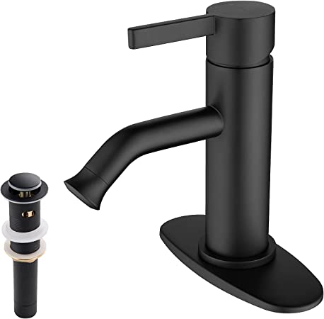 Photo 1 of Bathroom Sink Faucet Matte Black, Single-Handle Brass Vanity Faucet Set with Preassembled Supply Lines, 6 Inches Deck Plate for 1-3 Hole, and Drain Assembly
