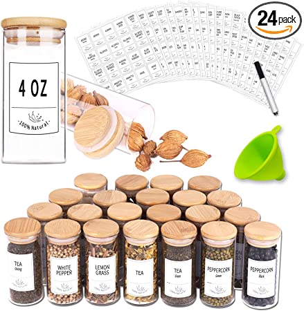 Photo 1 of 24 Glass Spice Jars with Bamboo Airtight Lids, 400 Spice Labels, Funnel and Chalk Marker Set- Churboro Spice Containers, 4 OZ Glass Storage Jars.
