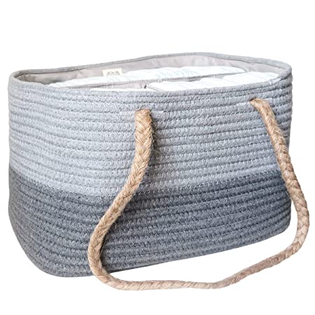 Photo 1 of Rectangular Lined Cotton Rope Basket in Grey with Long Rope Handles and Compartments – Storage organizer for Baby Nursery, Diaper Caddy Organizer – Versatile Decorative Tote Caddy Basket by BoodaBooda
