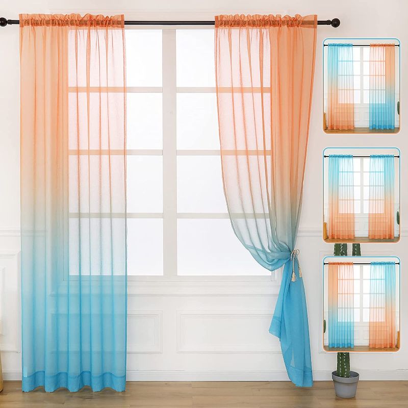 Photo 1 of Drewin Sheer Curtains Kids Room for Girls Bedroom 95 Inches Long 2 Panels Fashion Ombre Sunset Orange Blue Curtains Nursery Voile Sheer Curtain,52x95 Inches
