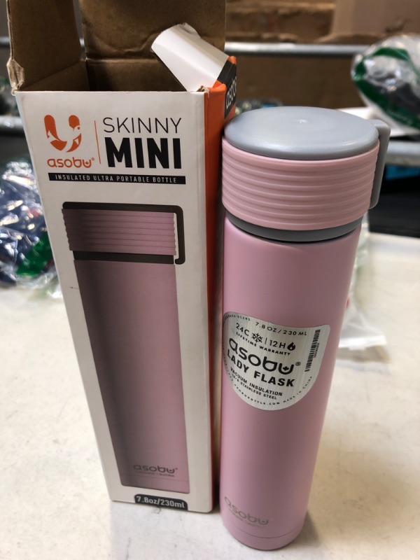 Photo 3 of Asobu Skinny Mini Fashon Forward Double Walled Stainless Steel Insulated Water Bottle Bpa Free 7.8 oz (Powdered Pink)