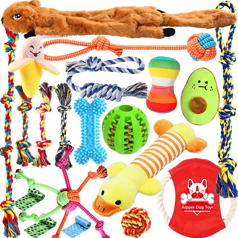 Photo 1 of Aipper Dog Puppy Toys 20 Pack, Puppy Chew Toys for Fun and Teeth Cleaning, Plush Squeaky Toys, Dog Treat Dispenser Ball, Tug of War Toys, Puppy Teething Toys, Dog Rope Toys for Medium to Small Dogs
