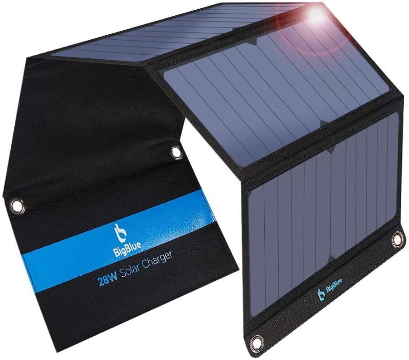 Photo 1 of BigBlue 3 USB Ports 28W Solar Charger(5V/4.8A Max), Portable SunPower Solar Panel for Camping, IPX4 Waterproof, Compatible with iPhone 11/XS/XS Max/XR/X/8/7, iPad, Samsung Galaxy LG etc.
