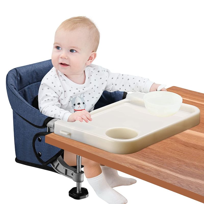 Photo 1 of Hook On High Chair with Removable Dining Tray,Folding Portable Clip on Table High Chair,Baby Chair with Storage Bag for Indoor/Outdoor (Dark Blue)
