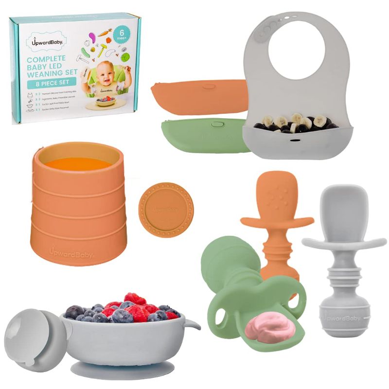 Photo 1 of Baby Led Weaning Supplies for Toddlers - Upward Baby Feeding Set - Silicone Suction Bowl with Baby Spoons Bibs and Cup - First Stage Self Feeding Utensils Set - Dishwasher Safe
