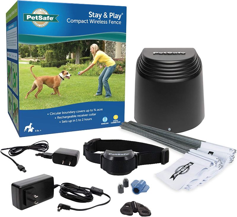 Photo 1 of PetSafe Stay & Play Compact Wireless Pet Fence for Dogs & Cats, Waterproof & Rechargeable Receiver Collar, Covers Up to 3/4 Acre for Pets 5 lb+ from Parent Company of Invisible Fence Brand
