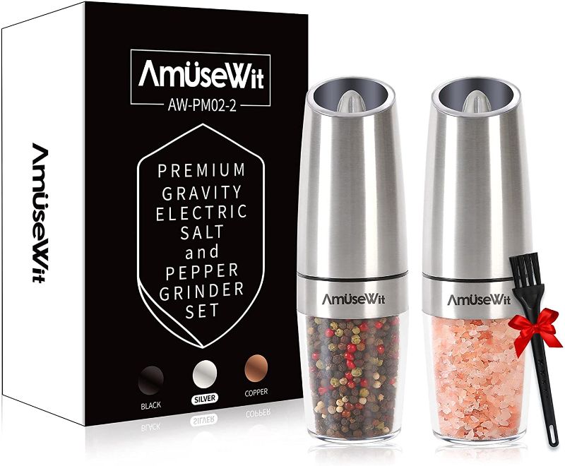 Photo 1 of Gravity Electric Salt and Pepper Grinder Set?White Light?- Battery Operated Automatic Salt and Pepper Mills,Adjustable Coarseness,One-Handed Operation,Utility Brush,Stainless Steel by AmuseWit
