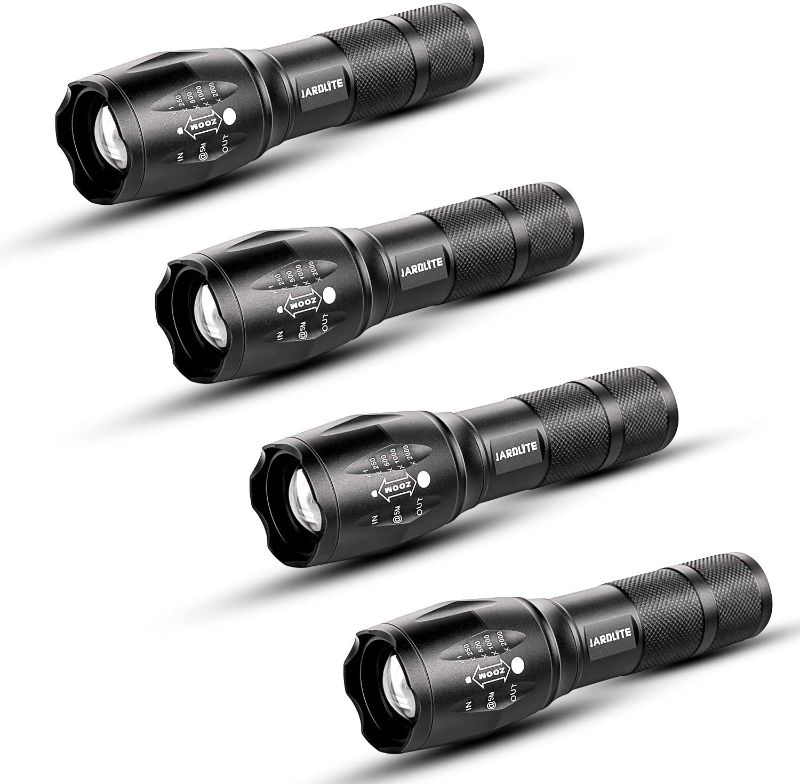 Photo 1 of JARDLITE LED Emergency Handheld Flashlight, 4 Pack, Adjustable Focus, Water Resistant with 5 Modes, Best Tactical Torch for Hurricane, Camping, Dog Walking
