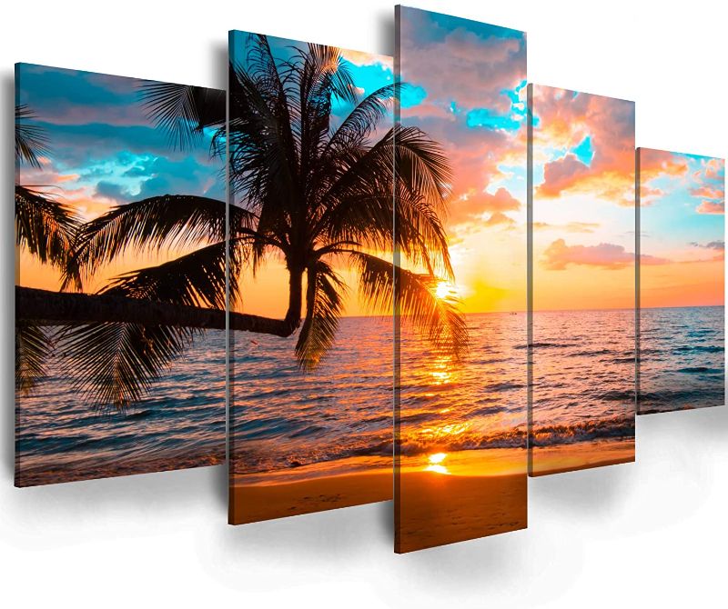 Photo 1 of Abstract beach canvas wall art Landscape - EPHANY Art - 5 Pieces Canvas Wall Art, Beach Canvas Wall Art, Sunset On Ocean,ocean beach picture,nature landscape (C-5pcs,40"x20")
