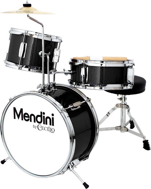 Photo 1 of Mendini by Cecilio 13 inch 3-Piece Kids/Junior Drum Set with Throne, Cymbal, Pedal & Drumsticks, Metallic Black, MJDS-1-BK
