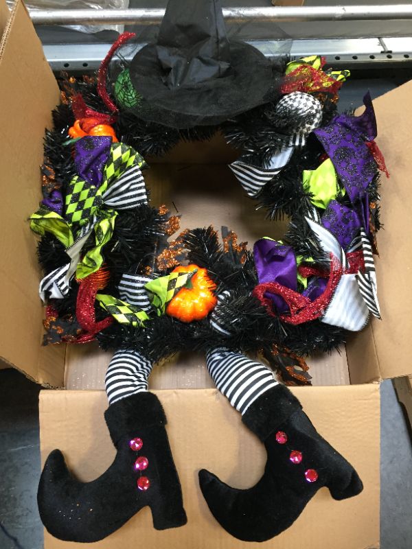 Photo 1 of FLASH WORLD 24 Inch Witch Halloween Wreath,Hat Legs Pumpkin Door Decorations, Artificial Handmade Wreath for Front Door or Indoor Wall Décor to Celebrate Halloween
