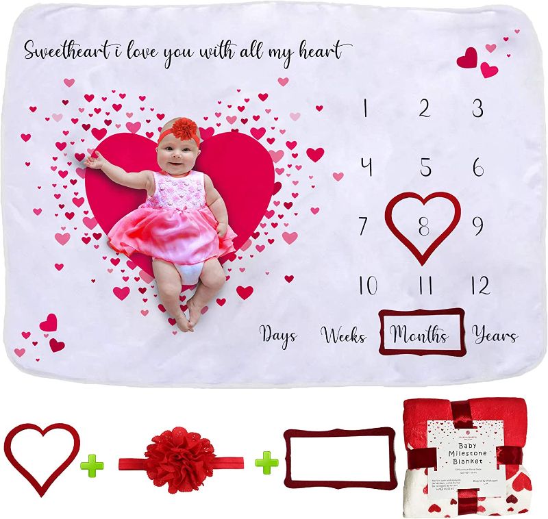 Photo 1 of Baby Milestone Blanket- Unisex Blanket for Boys and Girls- Fleece Soft Blanket- Red Heart Themed, Best for Newborns- 100x 150cm, Comes with Headband & Matching Patterns
