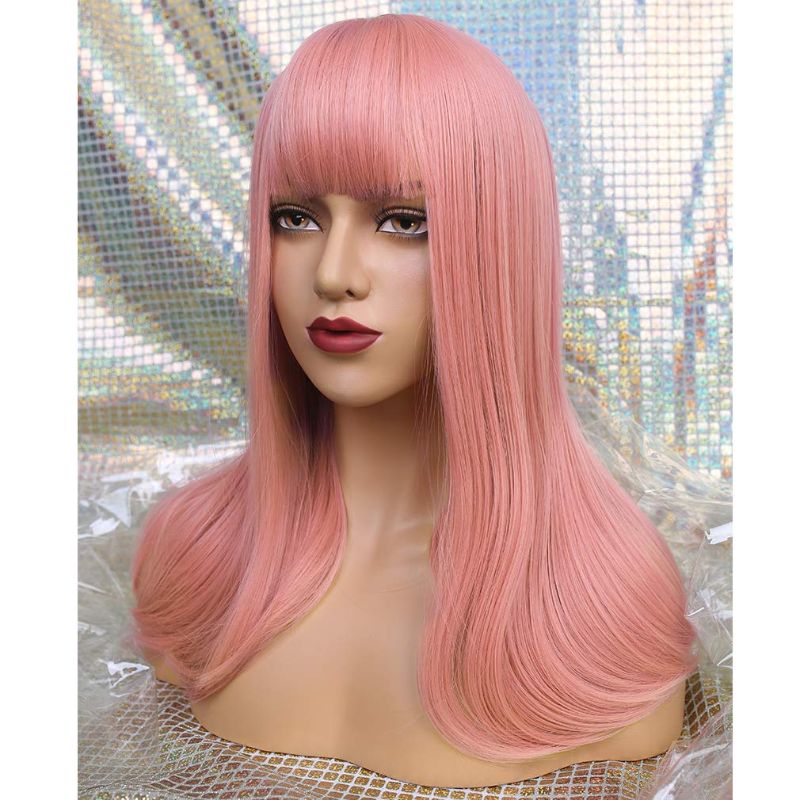 Photo 1 of REECHO 20" Medium Long Straight Wig with bangs Synthetic Hair for Women Cosplay Color: Princess Pink
