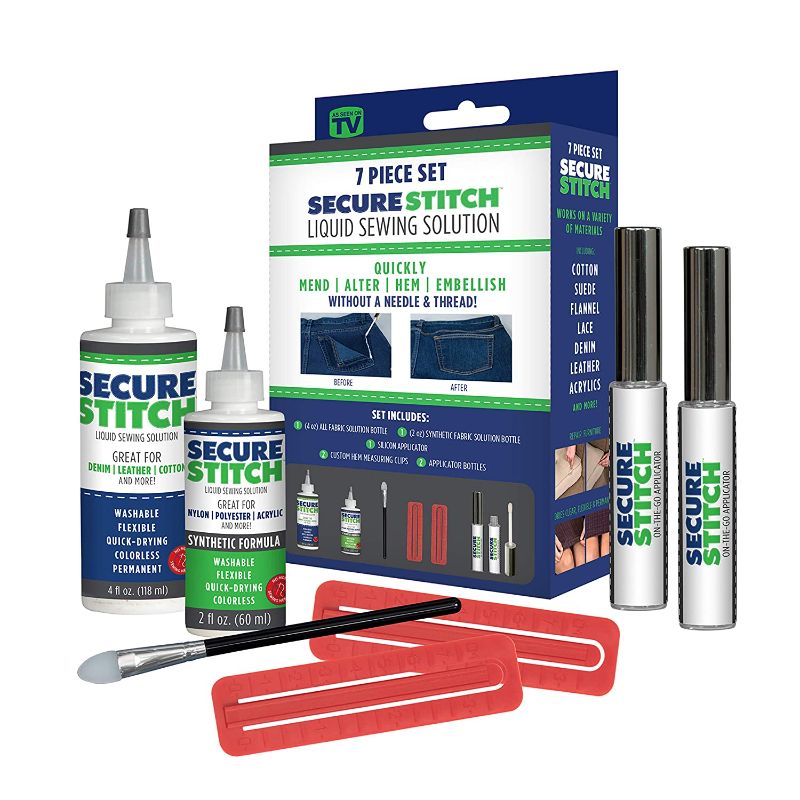 Photo 1 of 3 PK Secure Stitch Liquid Sewing Solution Kit! Fabric Glue That Quickly Mends, Alters, Hems & Embellishes Without a Needle and Thread! Includes: 4oz.Fabric Solution & 2oz All Fabric Solution
