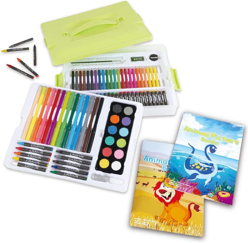 Photo 1 of 92 Pieces Kids Art Paint Set + 2 Coloring Books. Washable Carry Box. Watercolor, Pastels, Crayons, Pencils. Kid, Toddler, Children Finger Painting. Safe Non Toxic kit. Child Poster Project Supplies.
