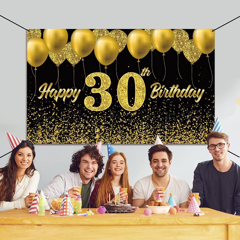 Photo 1 of 2 PK Vlipoeasn 30th Birthday Decorations for Men Women Black Gold 30th Birthday Backdrop Banner Happy 30th Birthday Party Supplies 30 Years Old Birthday Decoration ( 72.8 x 43.3 Inch )
