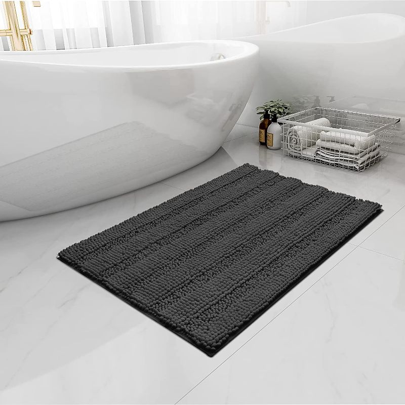 Photo 1 of Easy-Going Luxury Chenille Striped Pattern Bath Mat, 24x36 in, Soft Plush Bath Rug, Absorbent Bathroom Rug, Non Slip Perfect Carpet Rugs for Shower, Bedroom, Front Door, Enterway (Dark Gray)
