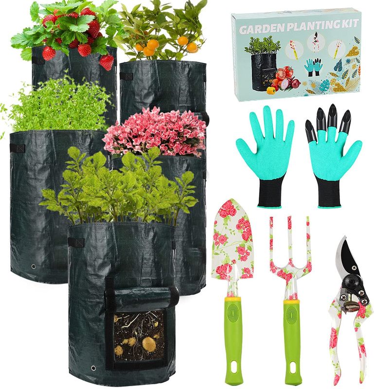 Photo 1 of Gardening Tools Set - 9 PCS Heavy Duty Garden Tools, 5 PCS 10 Gallon Grow Bags + 4 Aluminum Garden Hand Tools with Gardening Gloves, Best Gardening Gift for Men Women Mom
