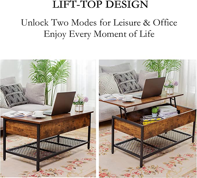 Photo 1 of DINZI LVJ Lift Top Coffee Table, Modern Center Table with Dense Mesh Shelf, Large Hidden Compartment, Lift Up Living Room Table with Wooden Tabletop and Metal Frame for Home and Office, Rustic Brown