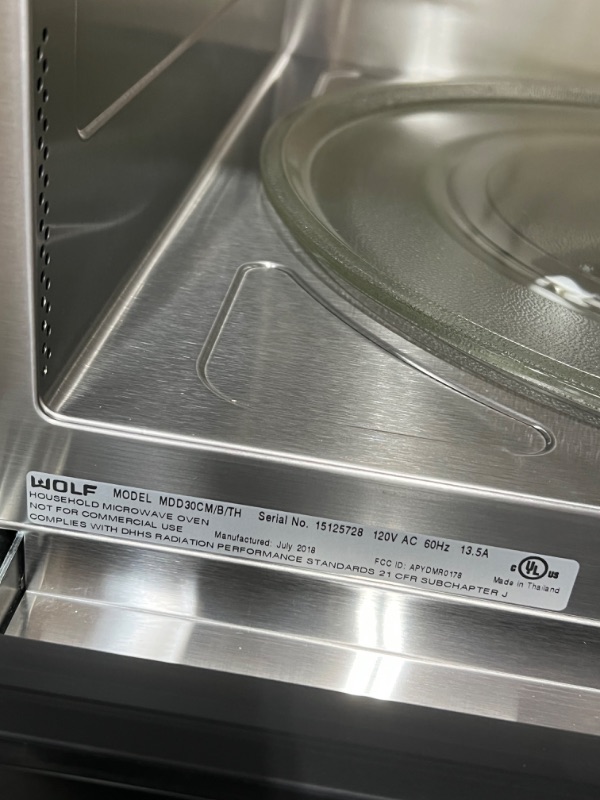 Photo 5 of WOLF BRAND 30" M Series Contemporary Drop-down Door Microwave Oven, Model # MDD30CM/B/TH *** ITEM HAS SMALL AMOUNT OF REMOVABLE ADHEDSIVE ON THE FRONT TOP SURFACE*** (OUT OF BOX)