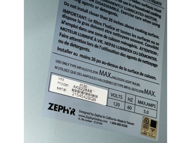 Photo 4 of Zephyr 30 Inch Cabinet Insert One-Piece Liner with Airflow Control Technology™, 600 CFM Blower, 6 Speed Levels, Electronic Touch Controls, Halogen Lighting +++ FLOOR MODEL/ FUNTIONAL, OUT OF BOX, ITEM HAS SCRATCHES & MINOR FLAWS +++