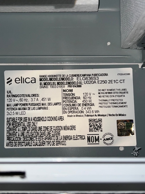 Photo 8 of Elica Wall Mount Range Hood with 3-Speed + Booster, 600 CFM Blower, Touch Controls, LED Lighting, Dishwasher-Safe Mesh Filter, and CFM Reduction: 36 Inch, MODEL: ELG636S3 +++ FLOOR DISPLAY, FUNCTIONAL, ITEM HAS MINOR SCRATCHES AND SOME DISCOLORATION +++