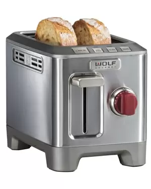 Photo 1 of Wolf Gourmet - 2-Slice Wide-Slot Toaster - Stainless Steel/Red Knob	