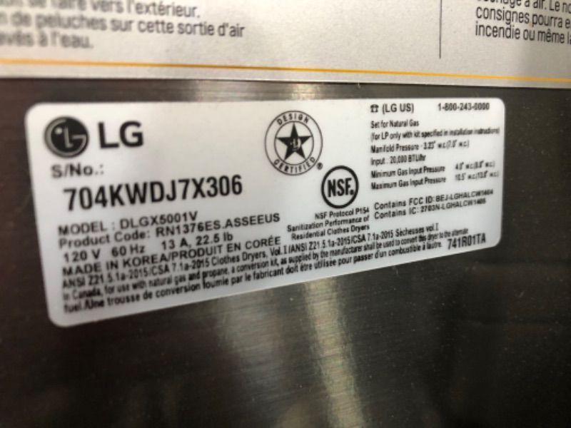 Photo 6 of LG 27 Inch 7.4 cu. ft. Gas Dryer with 14 Dry Cycles, Steam, Sensor Dry System, Smart ThinQ Wi-Fi, Wrinkle Care Option and ENERGY STAR: Graphite Steel
