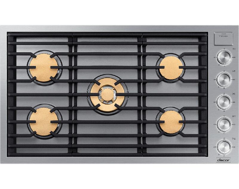 Photo 1 of Contemporary Series 36 Inch Natural Gas Cooktop with 5 Sealed Burners, Dual-Valve, Illumina Burner Controls, Continuous Grates, Perma-Flame, Brass Burners, Auto Connected Hood in Silver Stainless 