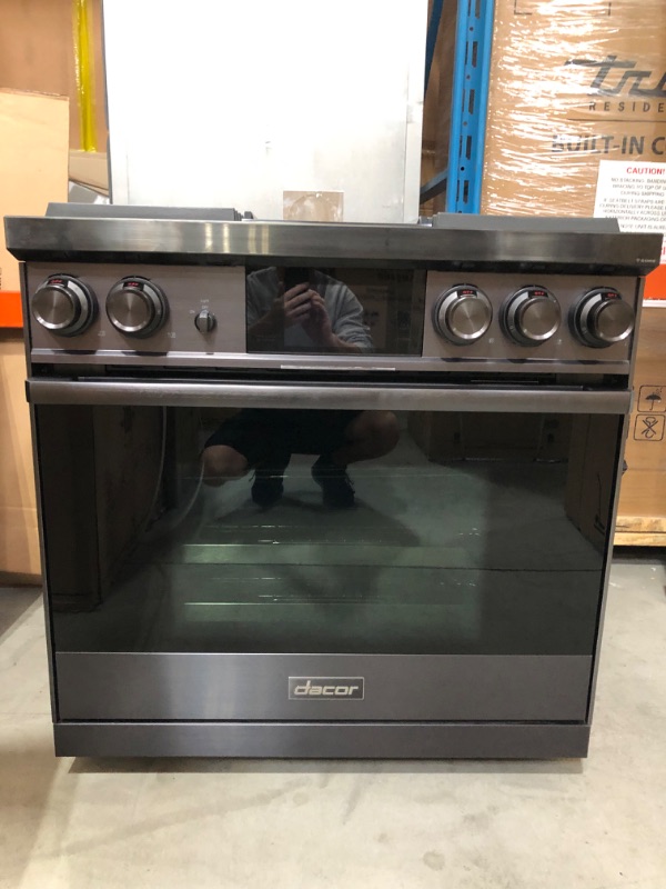 Photo 2 of Dacor Contemporary Series 36 Inch Freestanding Dual Fuel Range with Natural Gas, 4 Sealed Burners, Wi-Fi Enabled, 4.8 cu. ft. Total Oven Capacity, Griddle, Convection Oven, Self-Clean Oven, Continuous Grates, Viewing Window, Illumina Burner Controls, Gree