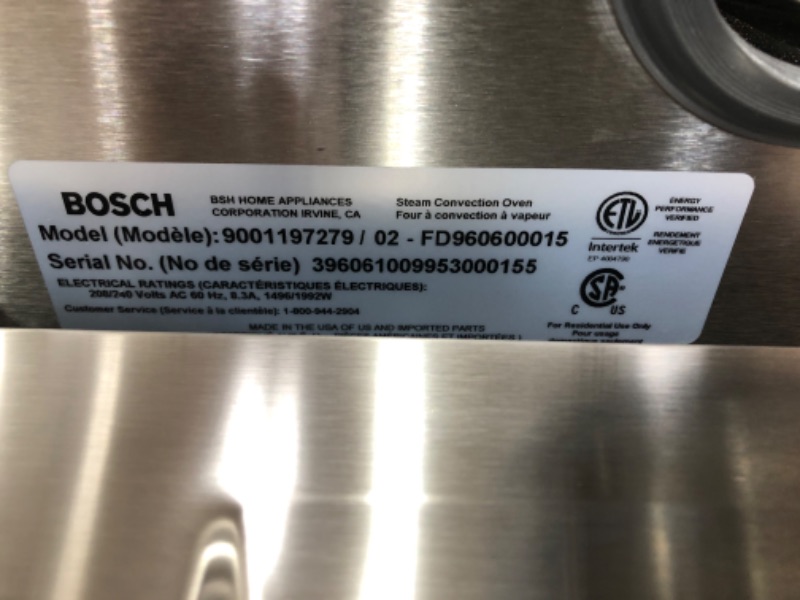 Photo 8 of BOSCH MODEL # 9001197279 STEAM CONVENTION OVEN Stainless Steel