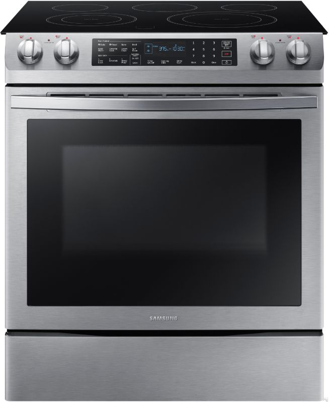 Photo 1 of Samsung 30 Inch Slide-in Electric Range with 5 Element Flexible Cooktop, Dual Convection Fan Oven, Steam Clean, Self-Clean, Glass Touch Controls, 5.8 cu. ft. Oven Capacity, Storage Drawer, Wide View Window, Slide-In Design and Sabbath Mode: Stainless Stee