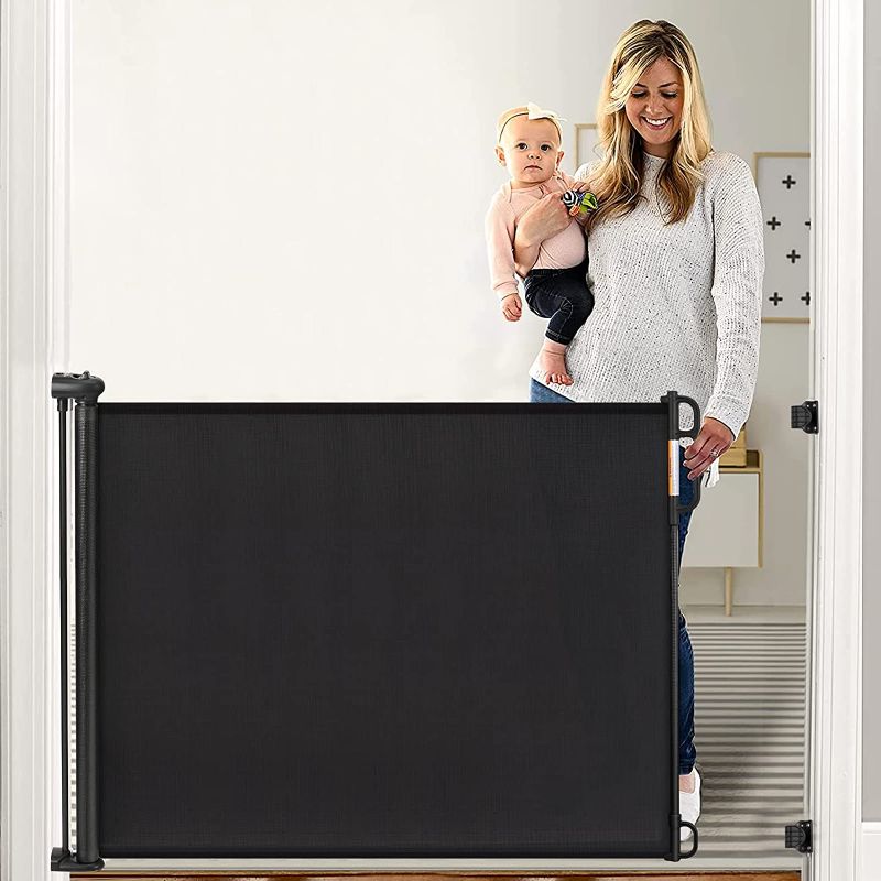 Photo 1 of Retractable Baby Gate, Momcozy Extra Wide Mesh Baby Gates for Stairs, 33" Tall, Extends to 71" Wide, Black, Pet Dog Gate for Doorways, Stairs, Hallways, Indoor/Outdoor
