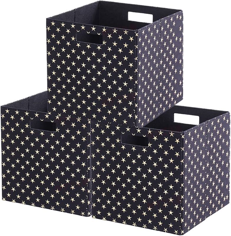 Photo 1 of childishness ndup Foldable Cube Storage, Set of 3, Collapsible Storage Baskets with Dual Handles, Fabric Cube Bins for Bedroom Storage, Playroom, Nursery Closet Organizers 12x12, Star Pattern/Black
