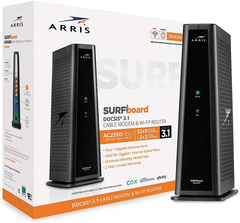 Photo 1 of ARRIS SURFboard SBG8300 DOCSIS 3.1 Gigabit Cable Modem & AC2350 Dual Band Wi-Fi Router, Approved for Cox, Spectrum, Xfinity & others (black) , Packaging may vary
