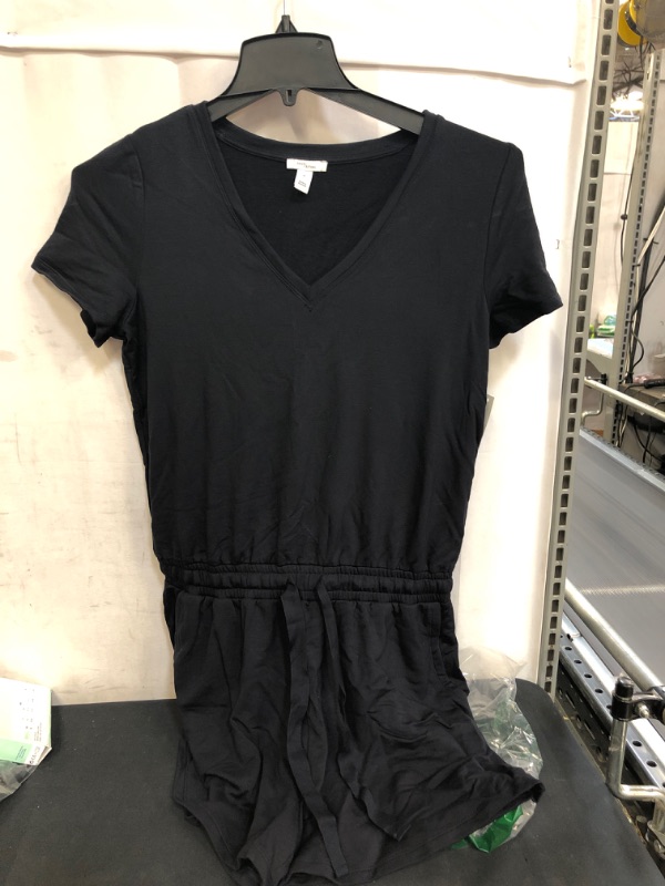 Photo 2 of Daily Ritual Women's Supersoft Terry Short-Sleeve V-Neck Romper (DARK NAVY, LOOKS ALMOST BLACK )